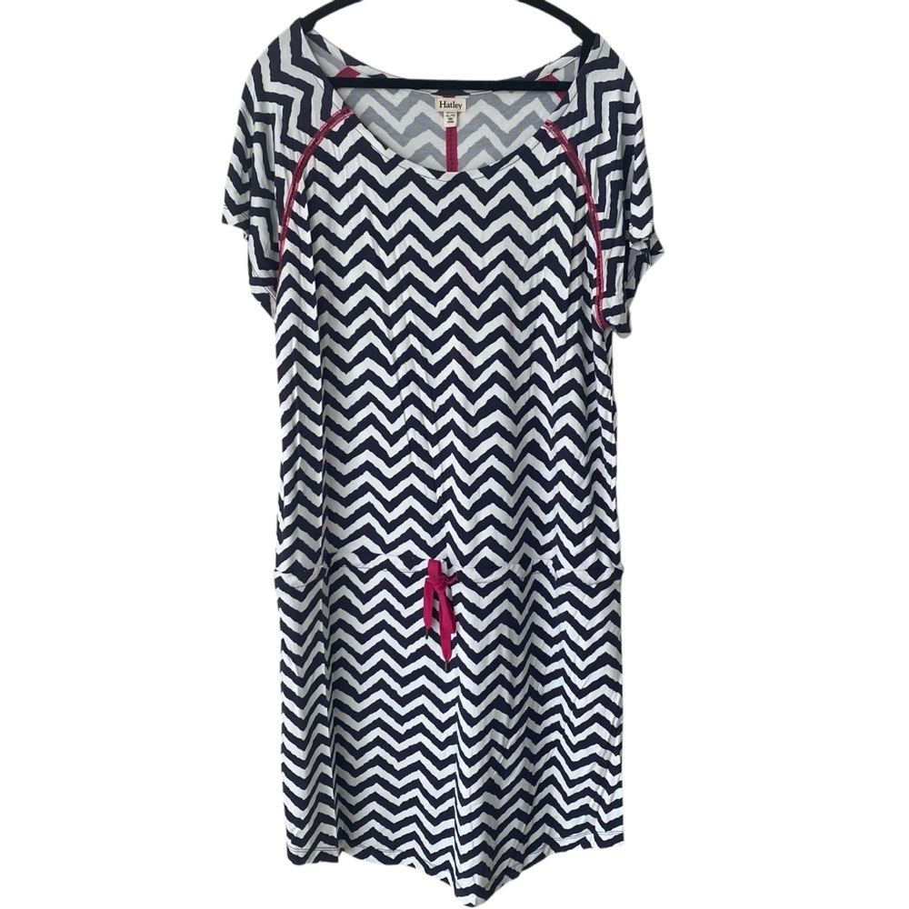 Hatley Navy and White Chevron Pattern Dropped Waist Dress Pink Accents